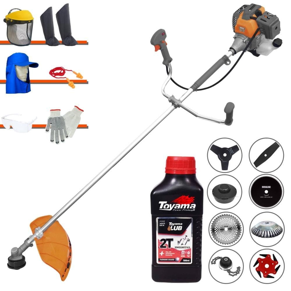 Cortador de Grama Tekna RL520-P 52cc 2HP 10.000rpm Roçadeira Lateral Completa Com Carretel de Nylon + 7 Opções de Corte + EPI + ÓLEO TOYAMA 2T