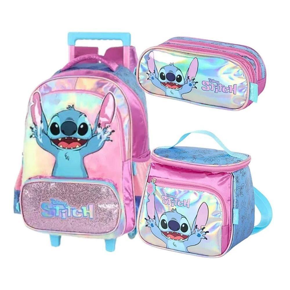 Kit Mochila Com Rodinhas Stitch Disney Lancheira E Estojo Triplo