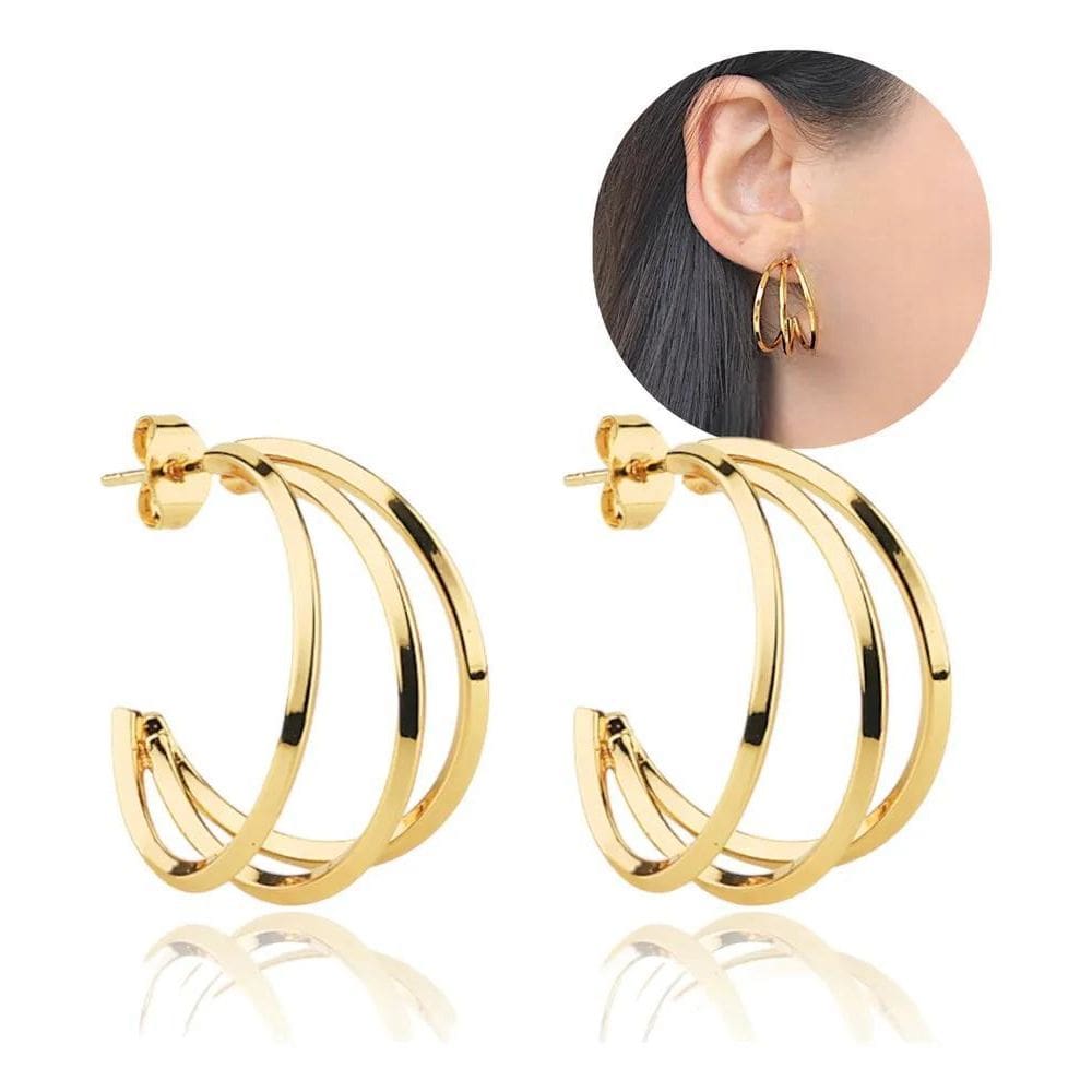 2X Brinco Argola Tripla Aço Inox Cirúrgico Antialérgico Dour