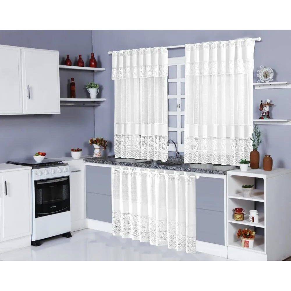 2X Kit Cortinas De Cozinha Em Renda P/Janela E Pia Renda Tul