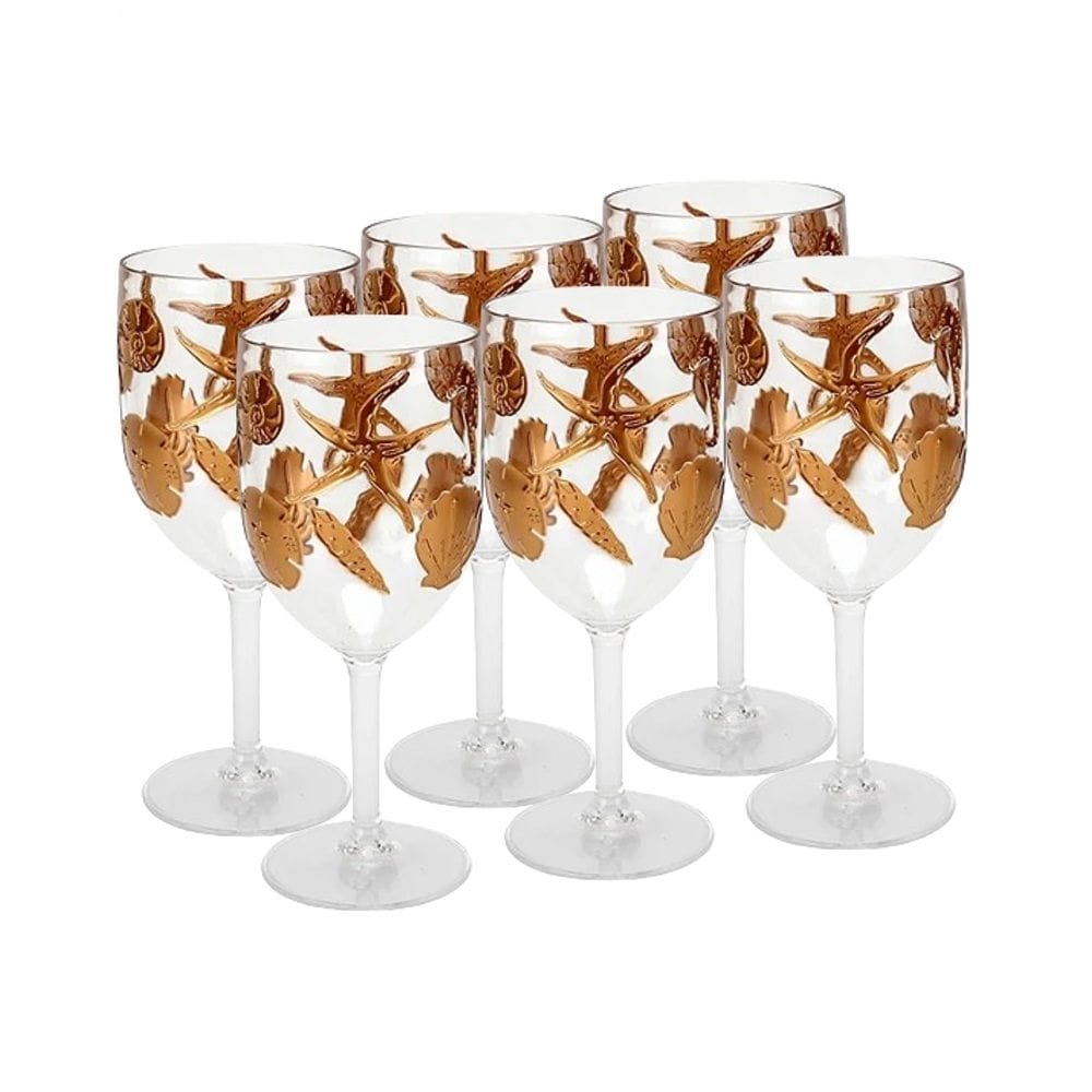 Cj 6 Taças de Acrílico C/Detalhes Fundo do Mar Dourado 474ml Entrecasa