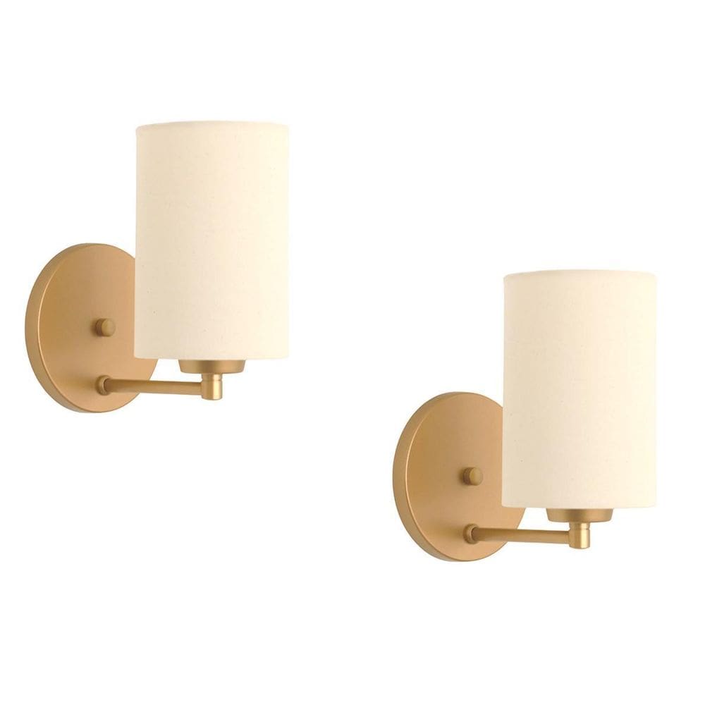 Kit2 Arandelas Dourada Cúpula Tecido Cru Quarto Cabeceira.