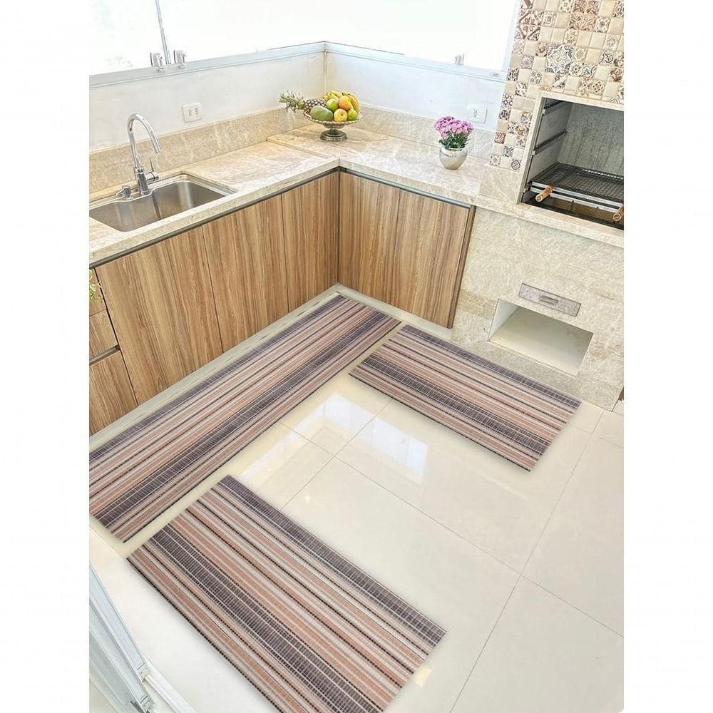 Kit 3 Peças Jogo Cozinha Passadeira Emborrachada Não Derrapa Listrado Preto Marrom