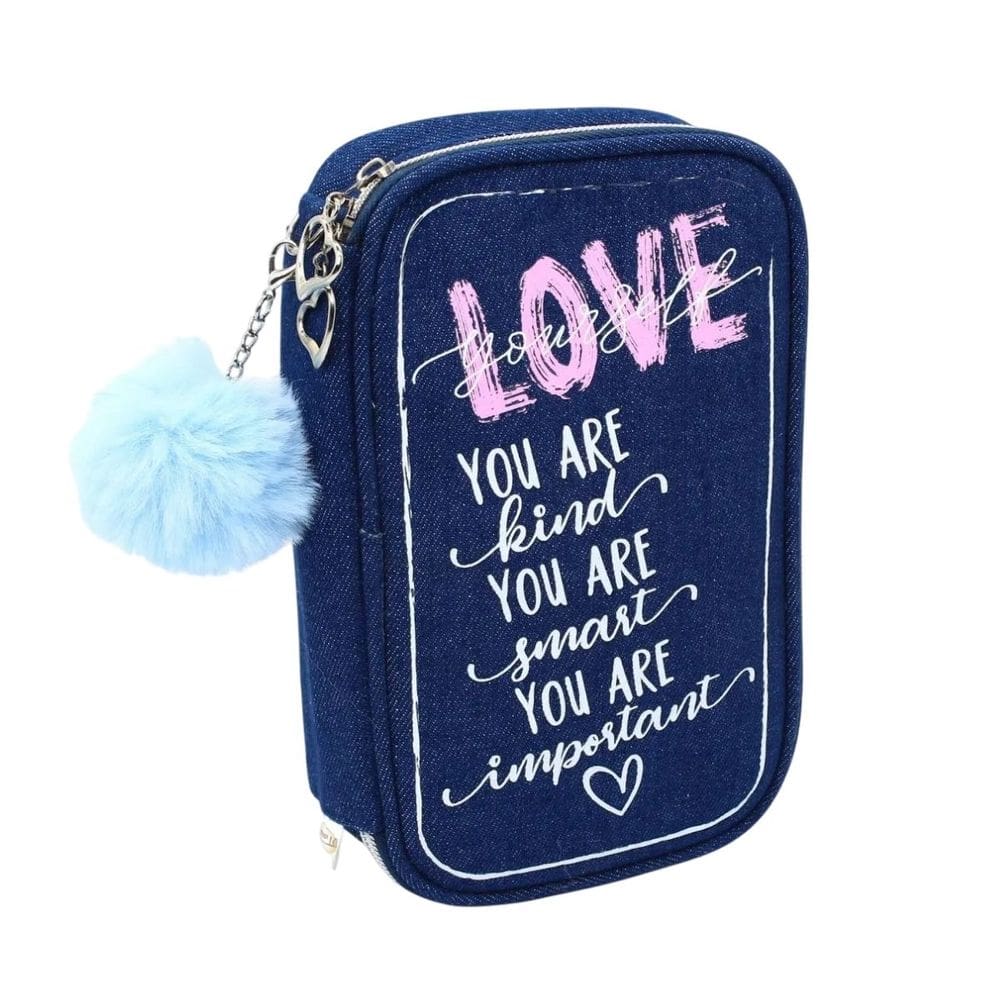 Estojo Material Escolar Grande Love You Jeans Divisórias Pompom Azul Organizador Tendência Feminino