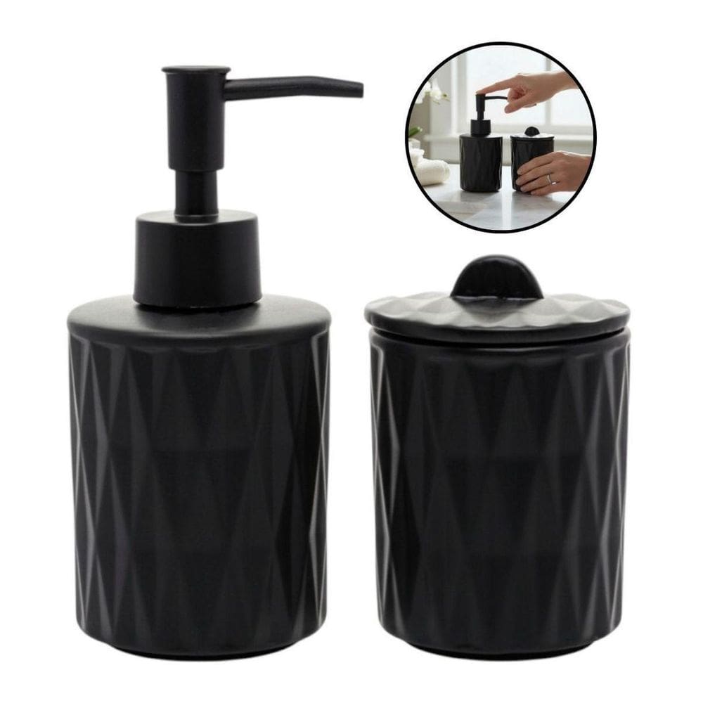 Kit Banheiro Lavabo Preto Cerâmica 2 Pçs Porta Sabonete