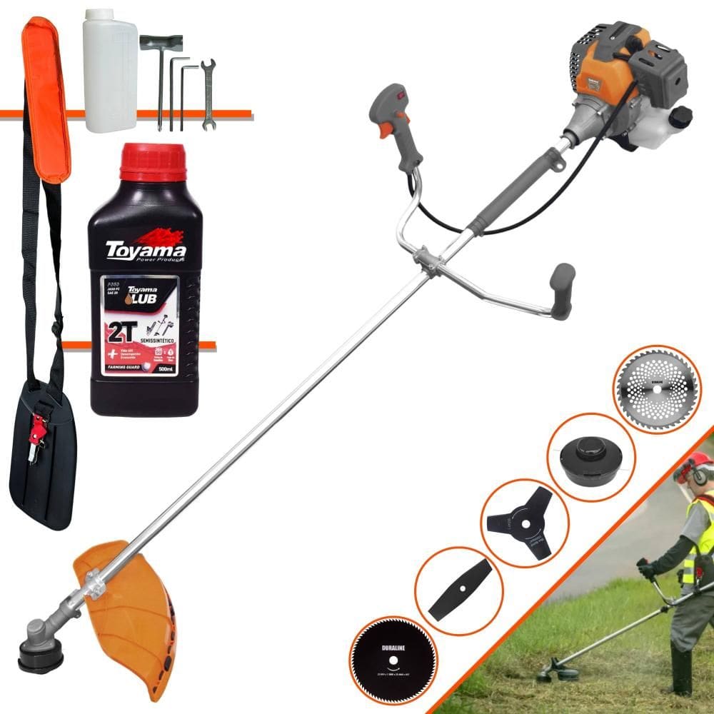 Roçadeira Tekna RL430-P 43cc 1,7HP Com Carretel de Nylon + Lâmina Facão + Lâmina 3 Pontas + Lâmina 40 Dentes + Lâmina 80 Dentes + ÓLEO TOYAMA 2T