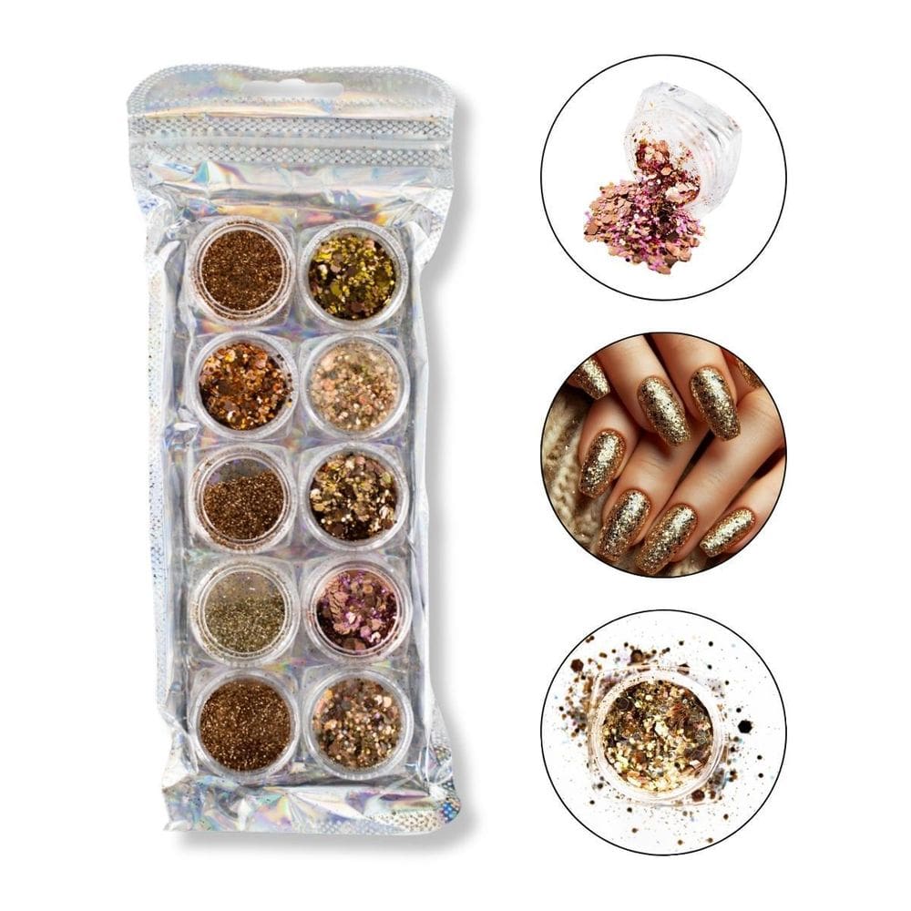 Kit 10 Glitters Flocado Fino Tons Dourado Unha Gel Decoração