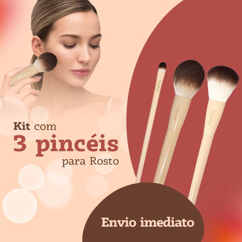 KIT 3 Pincéis Ruby Rose Glass Blush + Pó + Corretivo Alta Performance e Acabamento Profissional