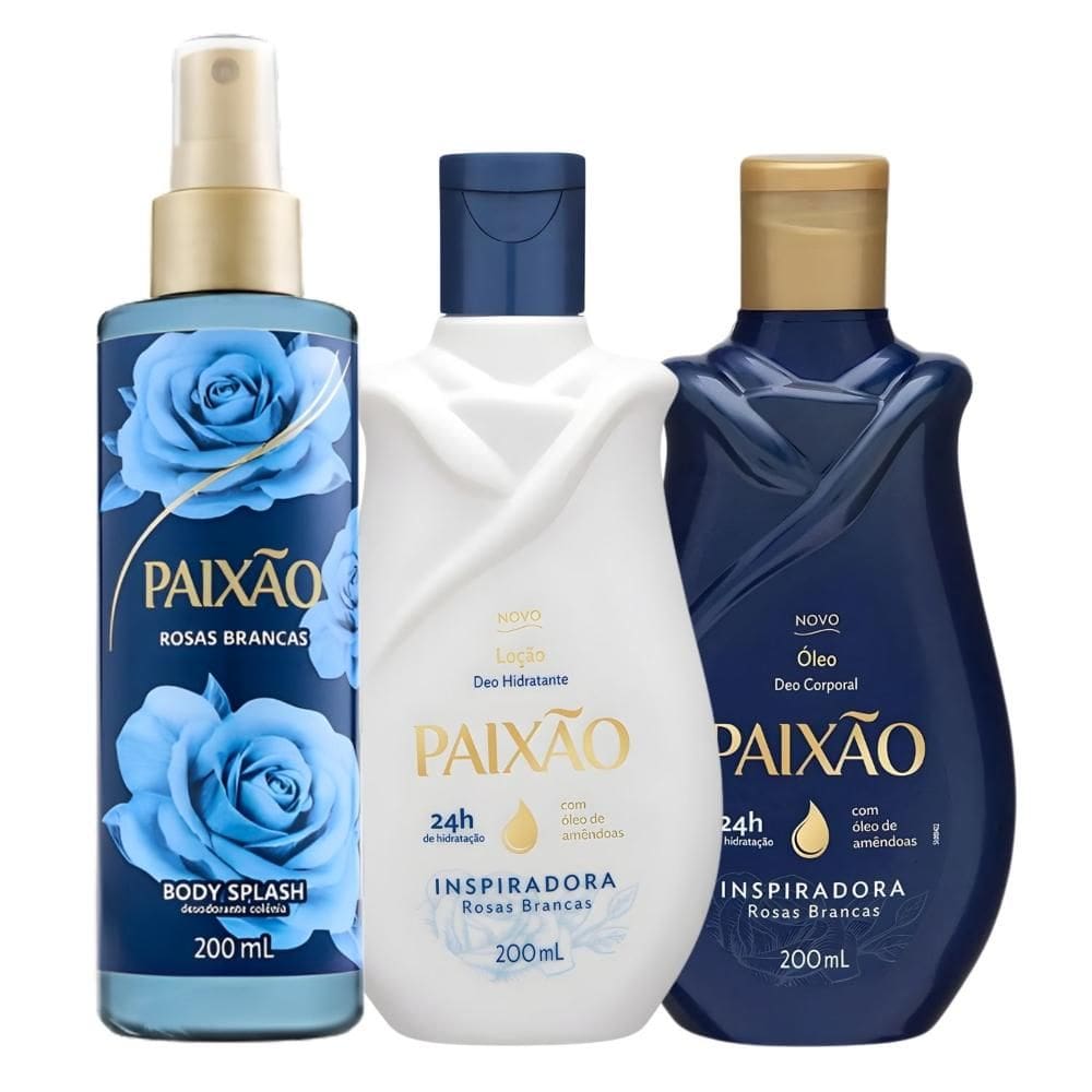 Kit Paixão Inspiradora Rosas Brancas: Loção Hidratante, Óleo Corporal e Body Splash 200ml