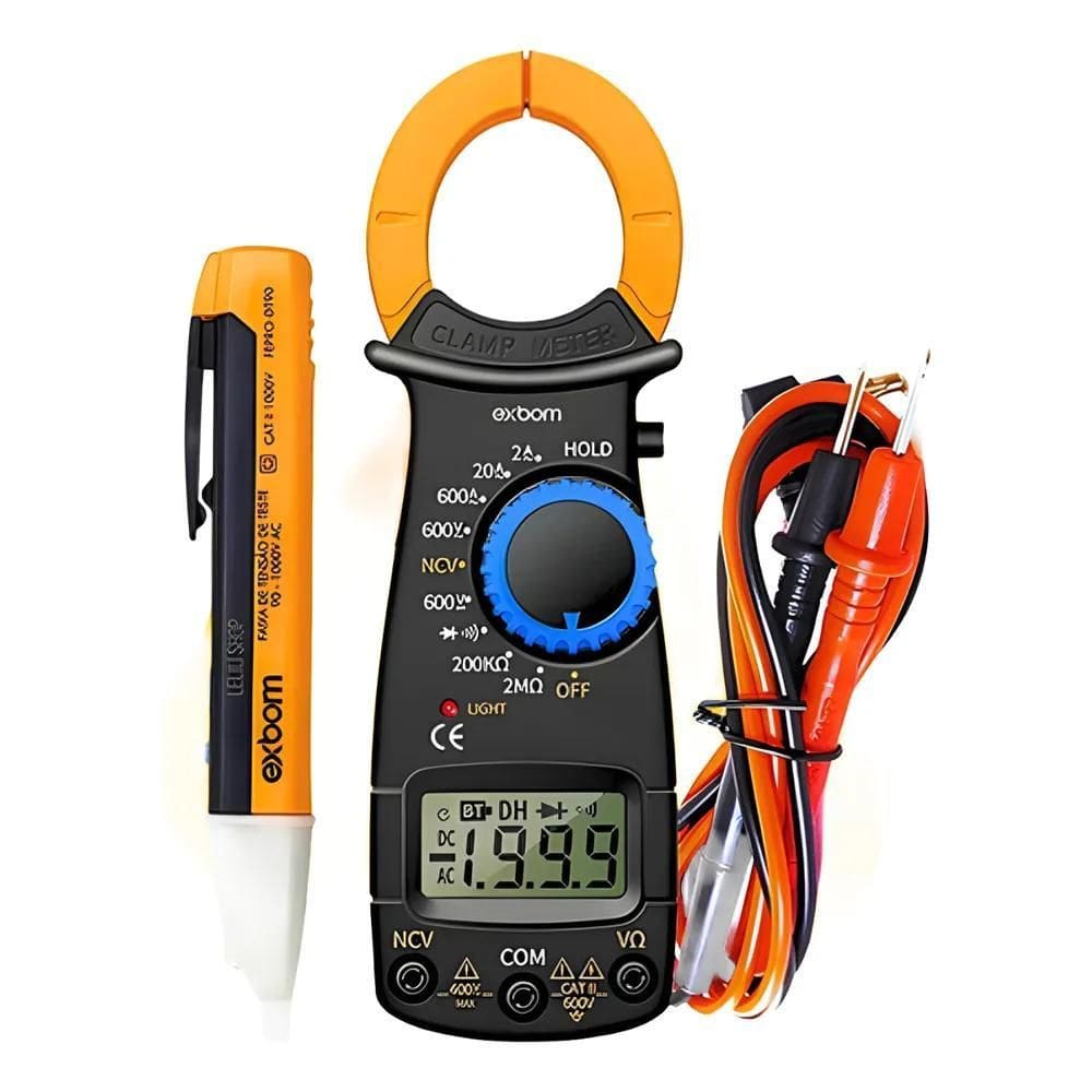 2X Kit Alicate Amperímetro Detector De Tensão Fase Caneta Te