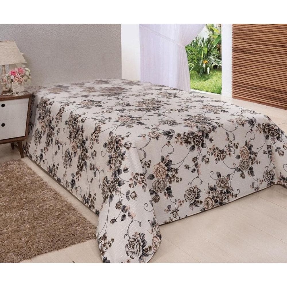 Cobre Leito Colcha Avulso Piquet Algodão Floral Bege