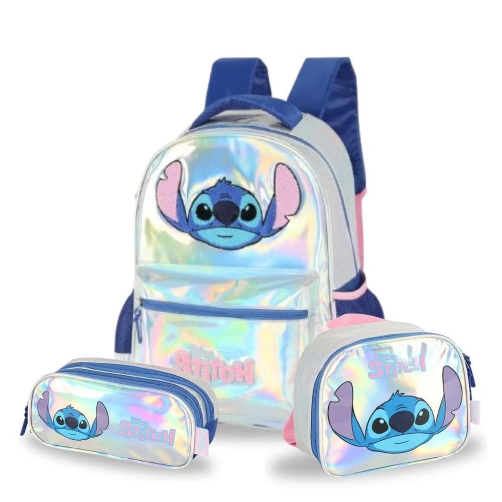 Kit Mochila Costas + Lancheira + Estojo 3 Div Stitch - Prata