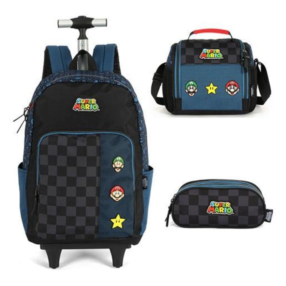 Kit Mochila Rodinhas Estojo Lancheira Super Mario