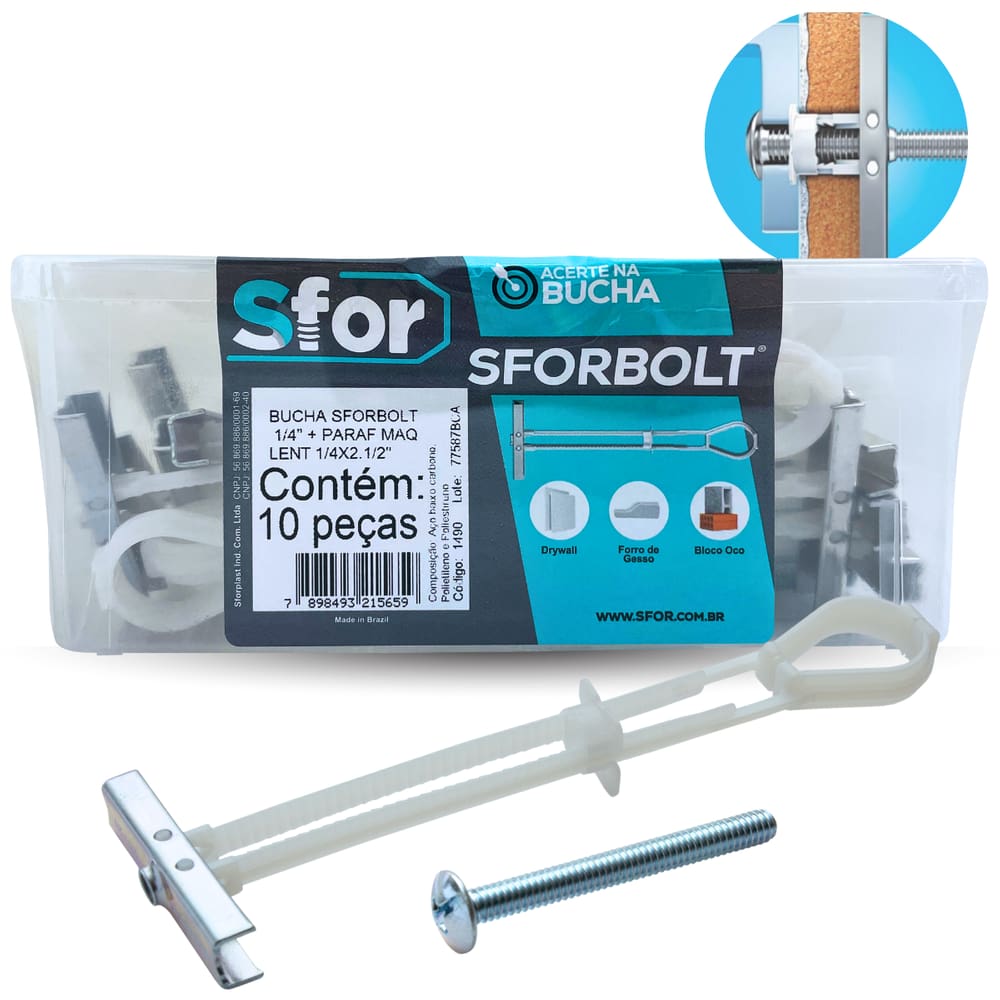 Kit 10 Buchas Parafusos 1/4 SFORBOLT Fixação Rápida Drywall Gesso 20pçs