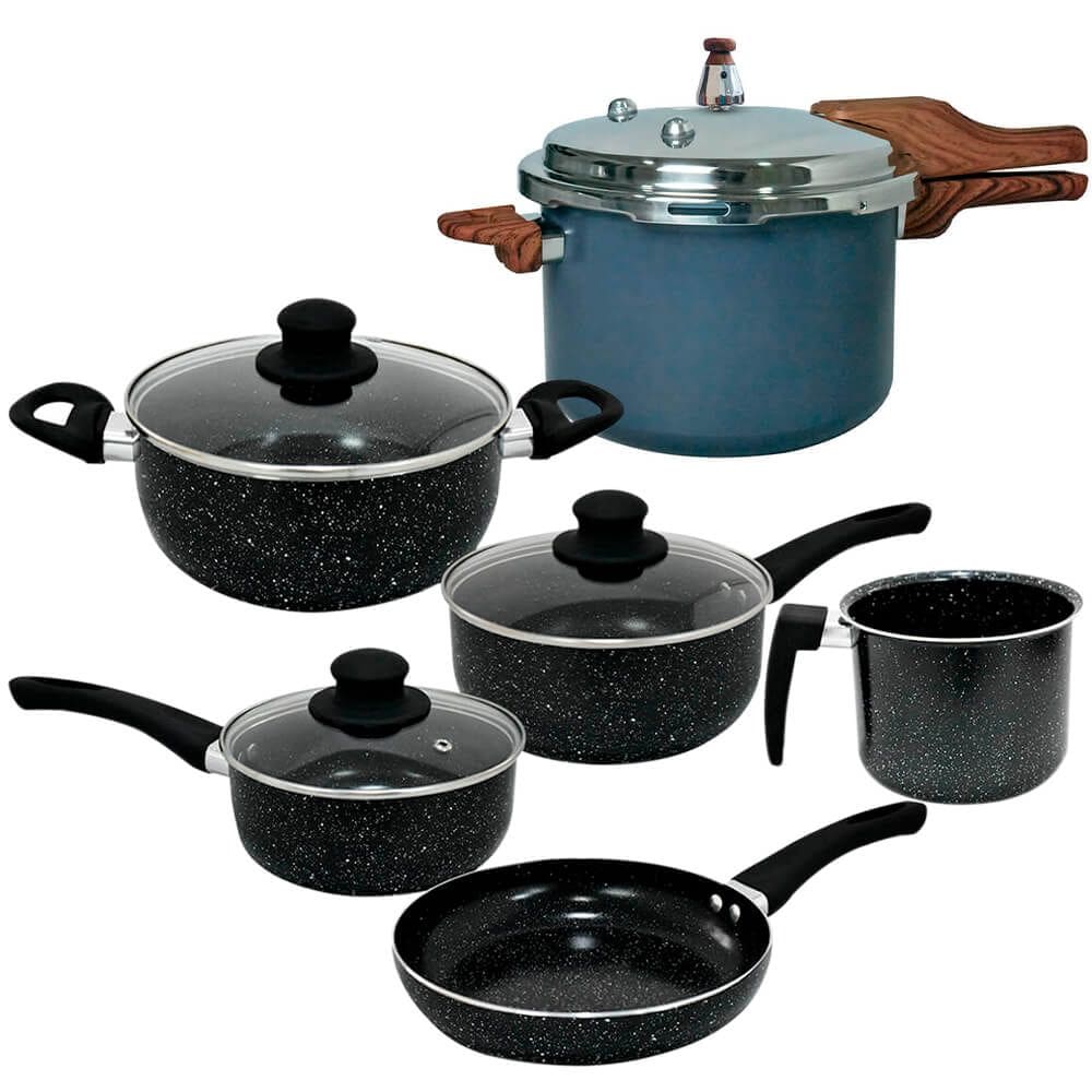 Jogo de Panelas e Panela de Pressão de Indução Antiaderente Cerâmica Berlim Preta 6 peças - Hauskraft e Vista Home