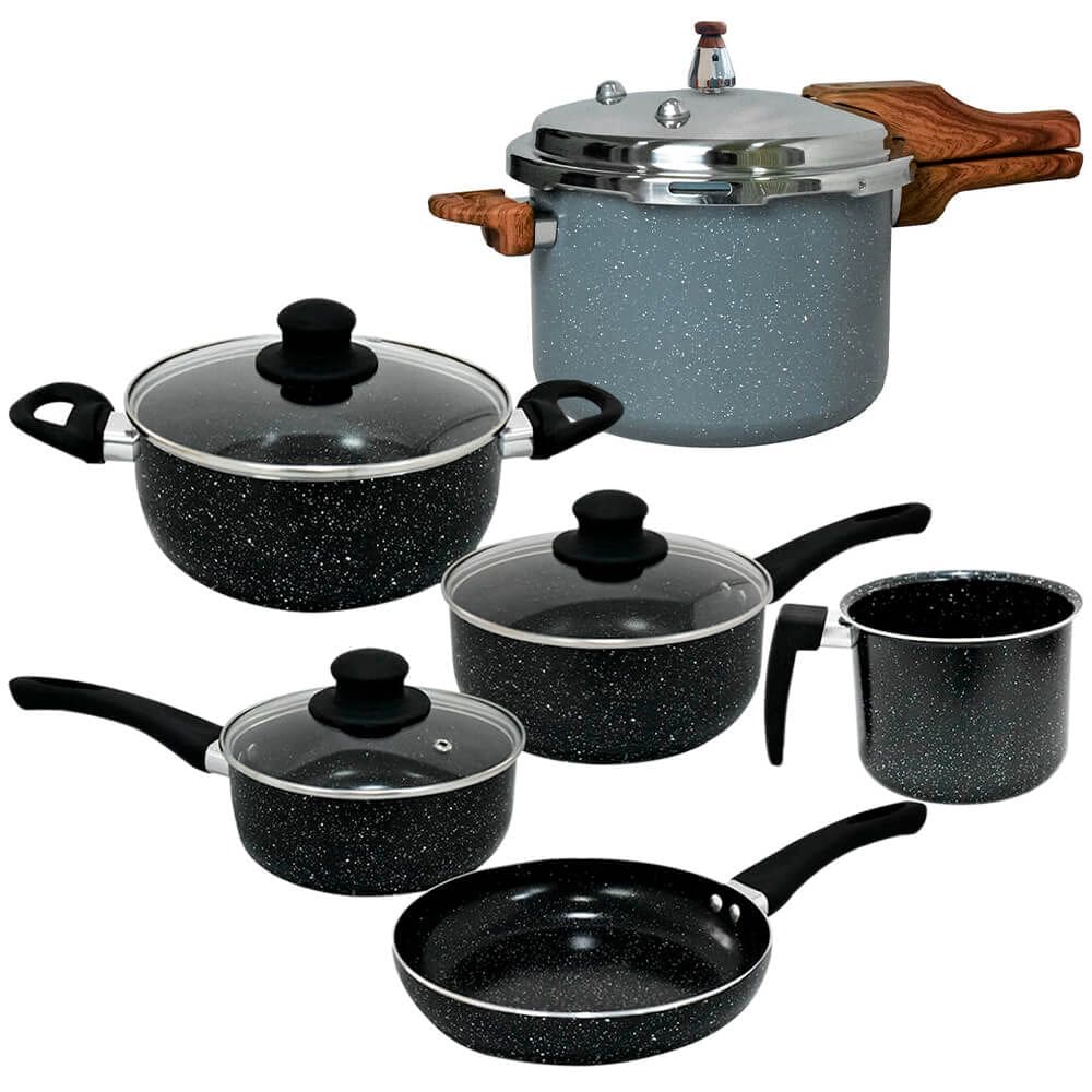 Jogo de Panelas e Panela de Pressão Indução Antiaderente Cerâmica Berlim Preta 6 peças - Hauskraft e Vista Home