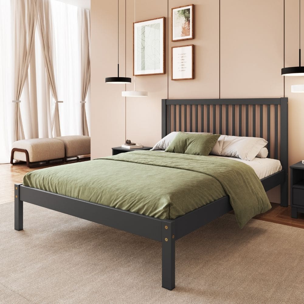 Cama de Casal 100% Madeira Maciça Com Cabeceira Alta Ripada