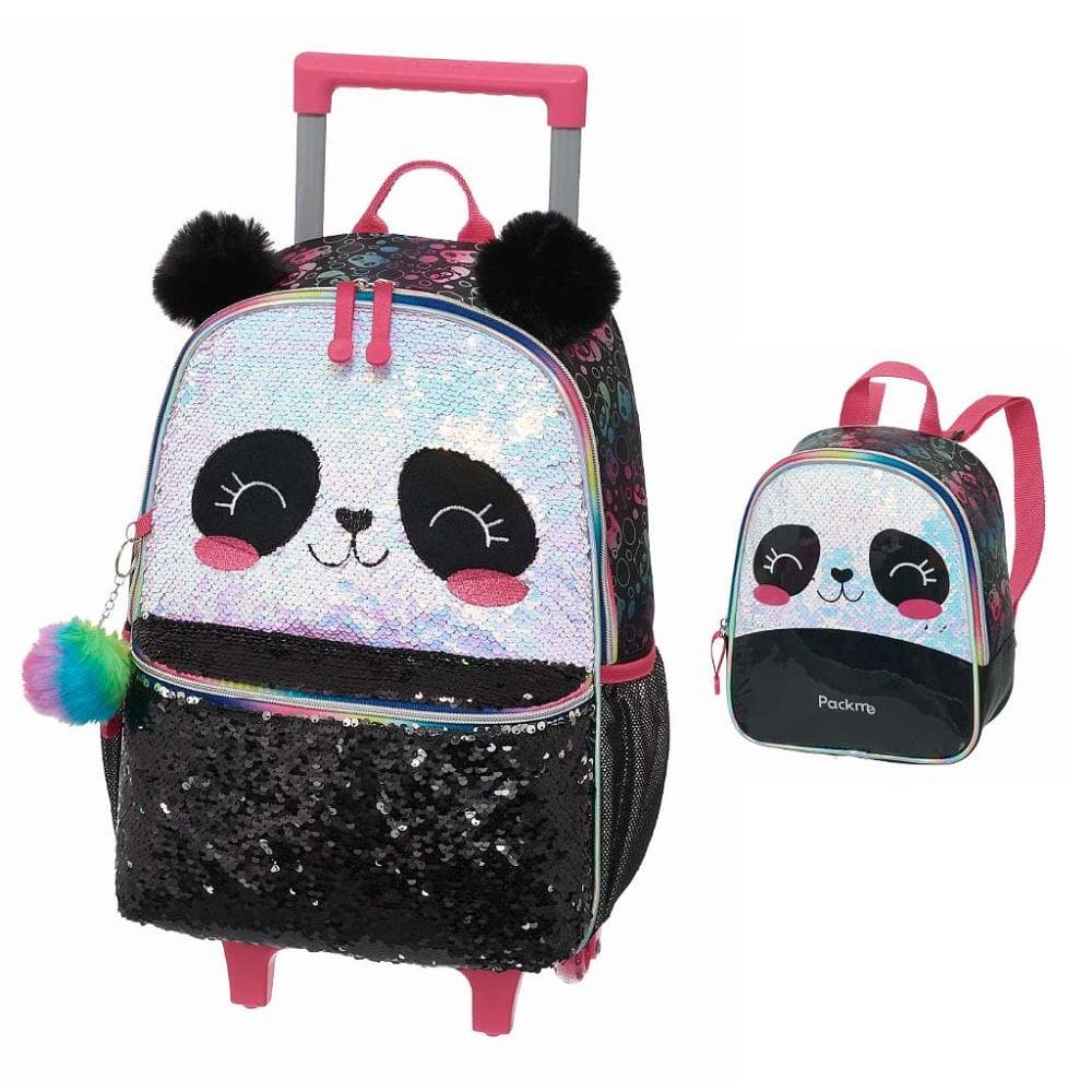 Kit Mochila de Rodinhas Lancheira Pacific PackMe Panda Preto