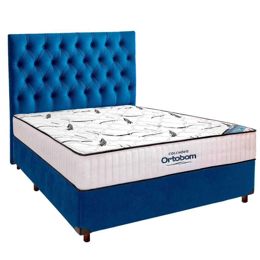 Cama Box Azul Com Colchão Casal High Foam Ortobom E Cabeceira
