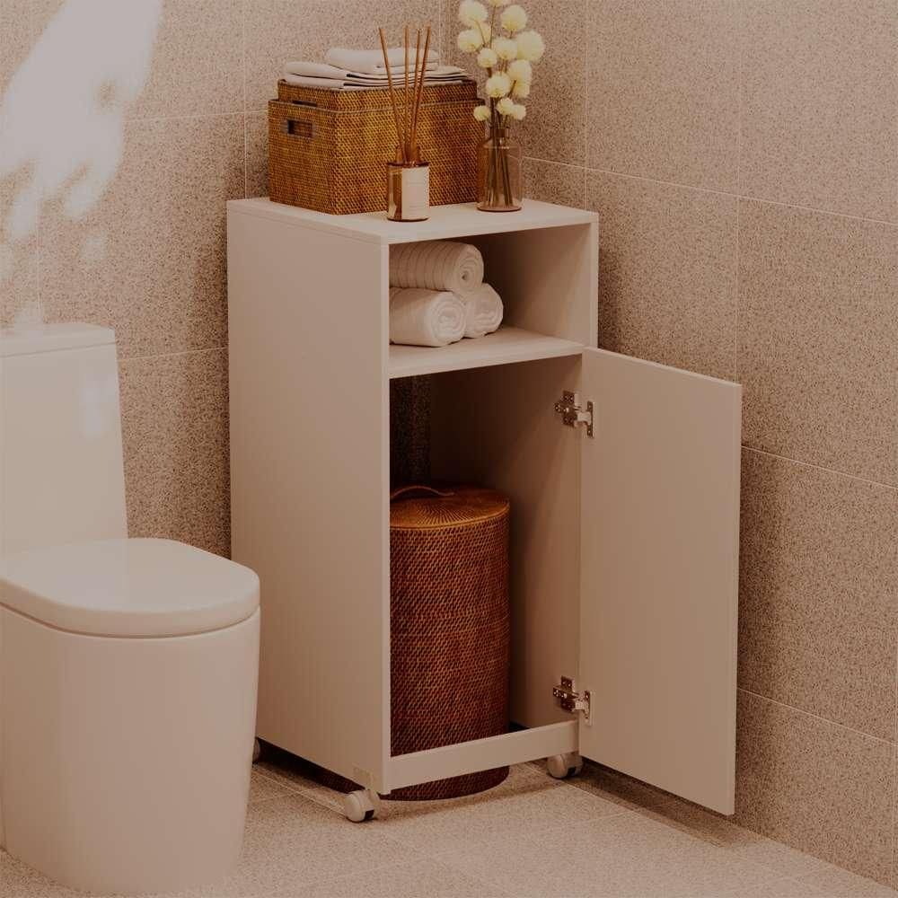 Armario Organizador Cesto De Roupas Para Banheiro com Rodinha Multiuso Branco