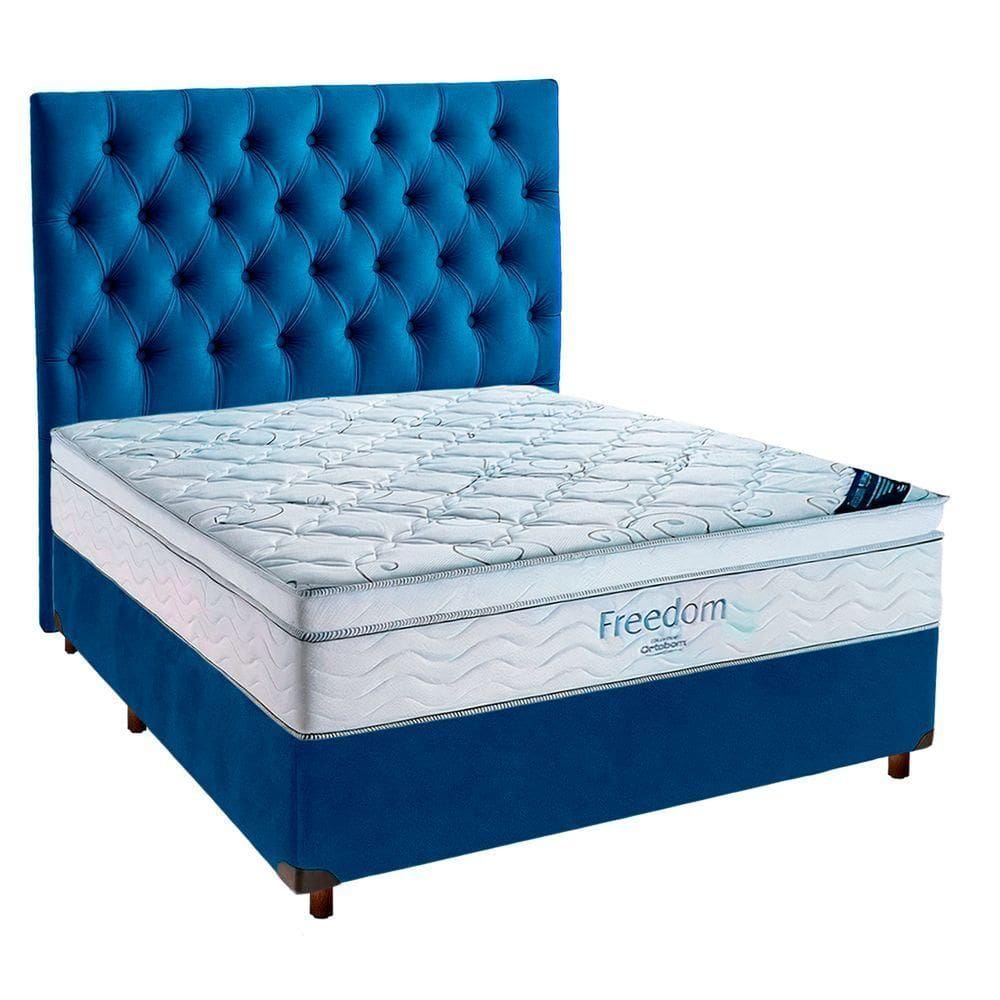 Cama Box Azul Com Colchão Casal Freedom Ortobom E Cabeceira