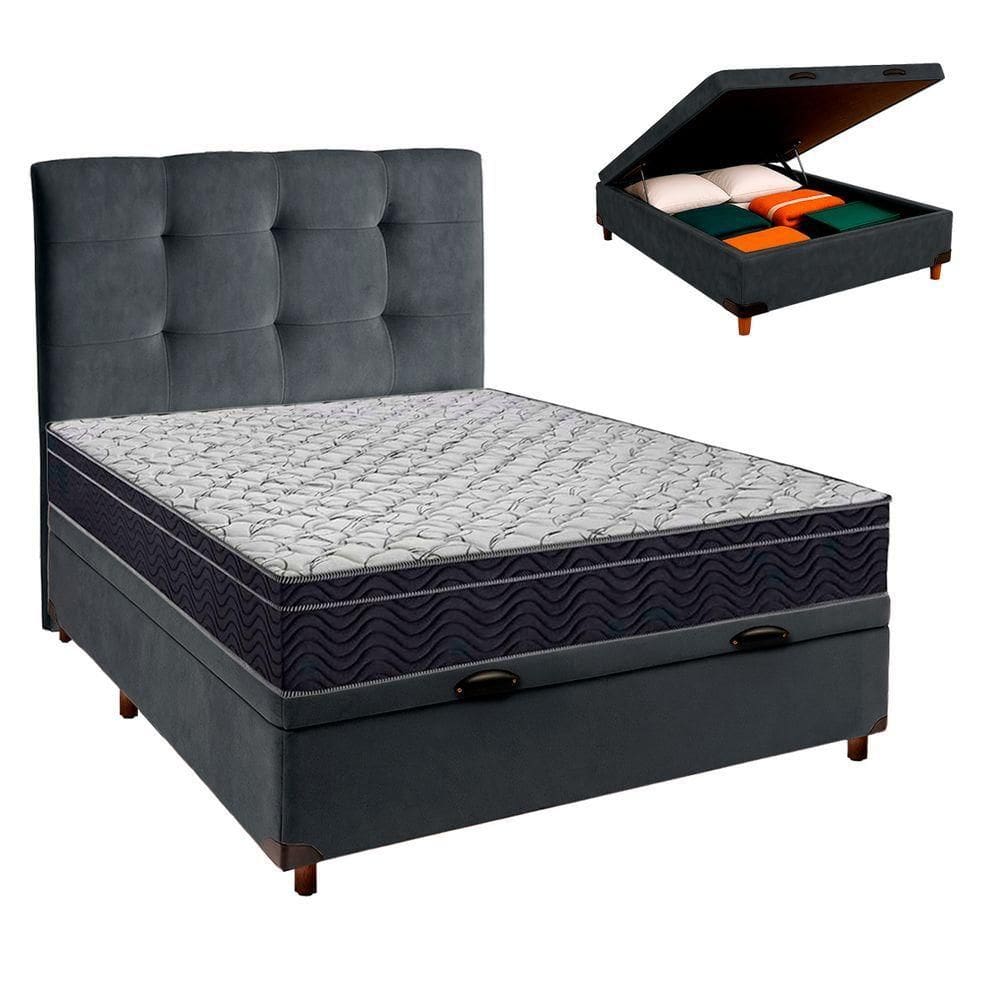 Box Baú Cinza + Colchão Casal Airtech 150 Ortobom + Cabeceira