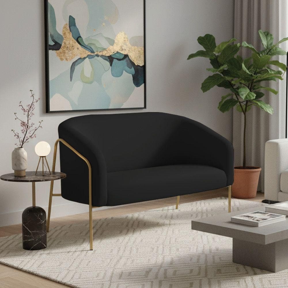 Sofá 2 Lugares Namoradeira Stella Base Industrial Alta Dourada Veludo D03 - D`rossi Cor Preto