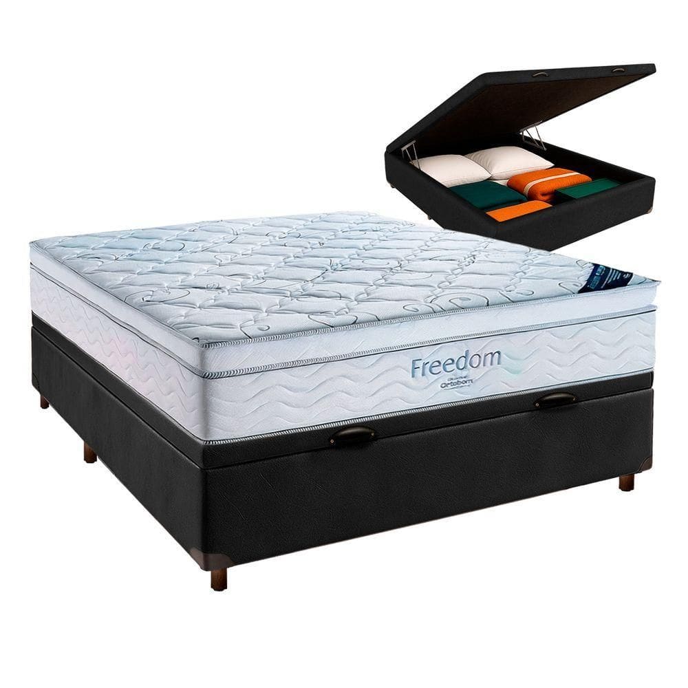 Cama Box Baú Preto Com Colchão Casal Freedom Ortobom