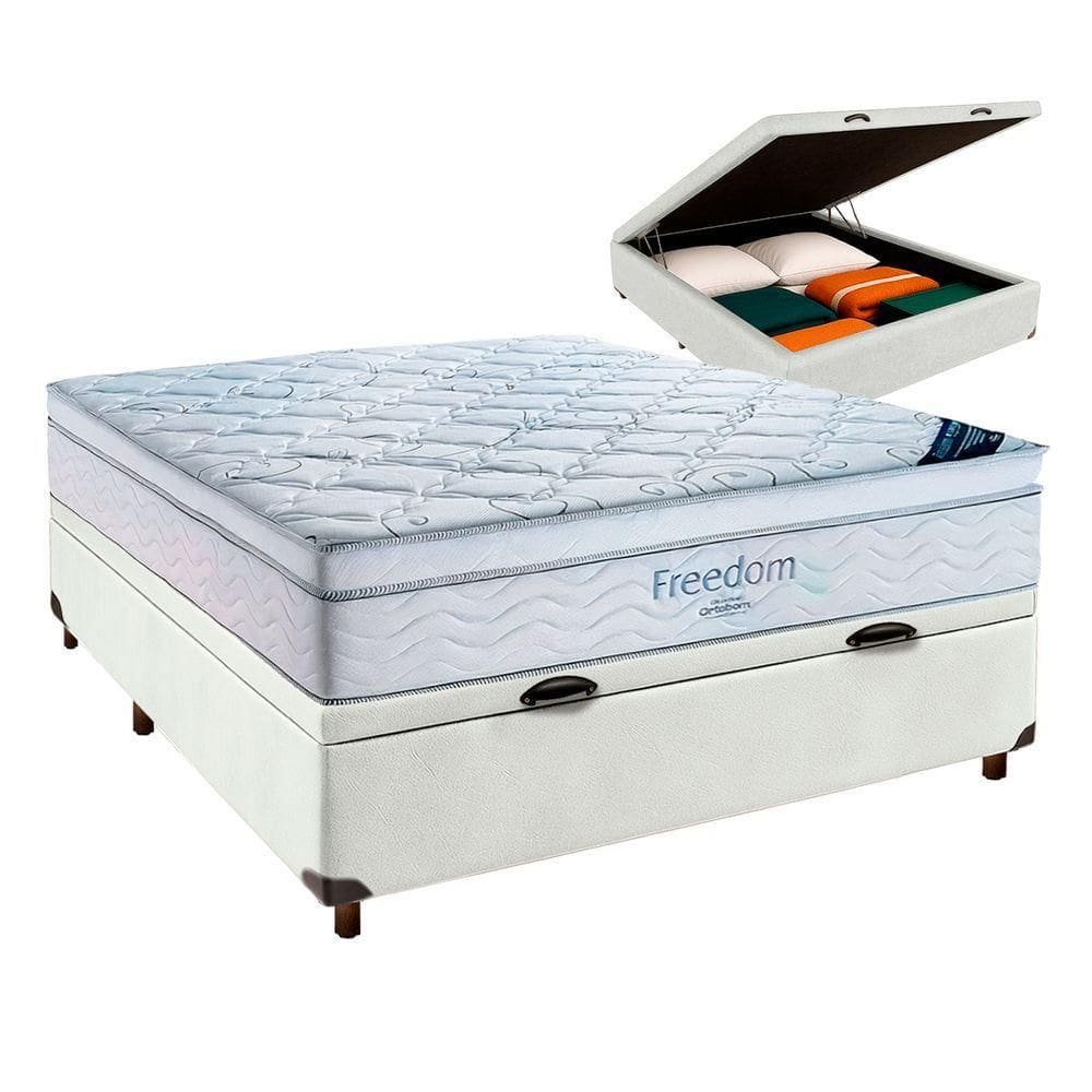Cama Box Baú Branco + Colchão Casal Freedom Ortobom