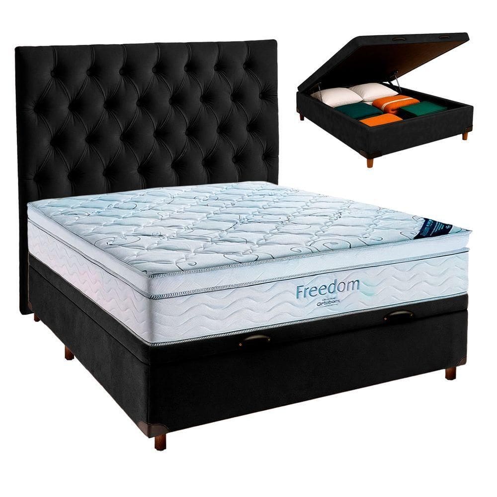 Cama Box Baú Preto + Colchão Casal Freedom Ortobom E Cabeceira