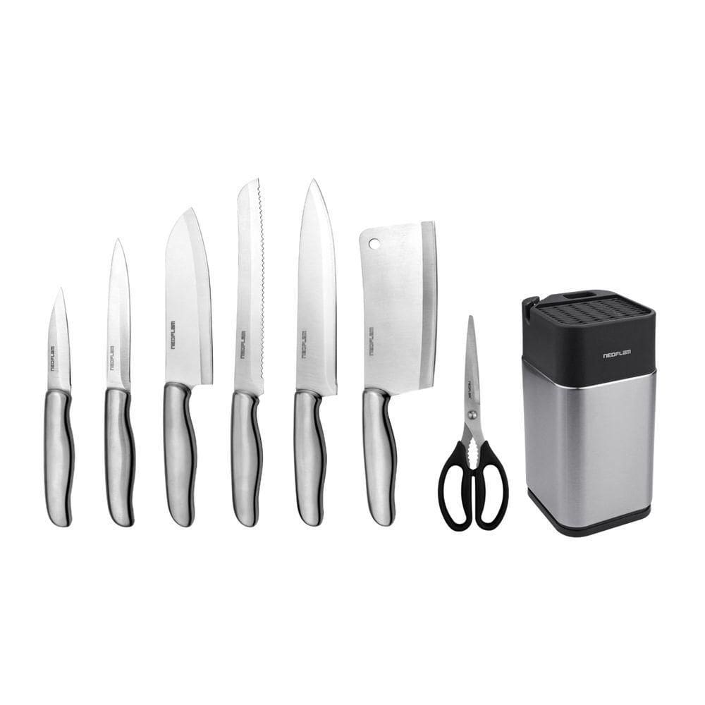 Conjunto De Facas Dolche - 8 Peças - Aço Inoxidável Com Cepo/suporte De Facas & Afiador De Facas