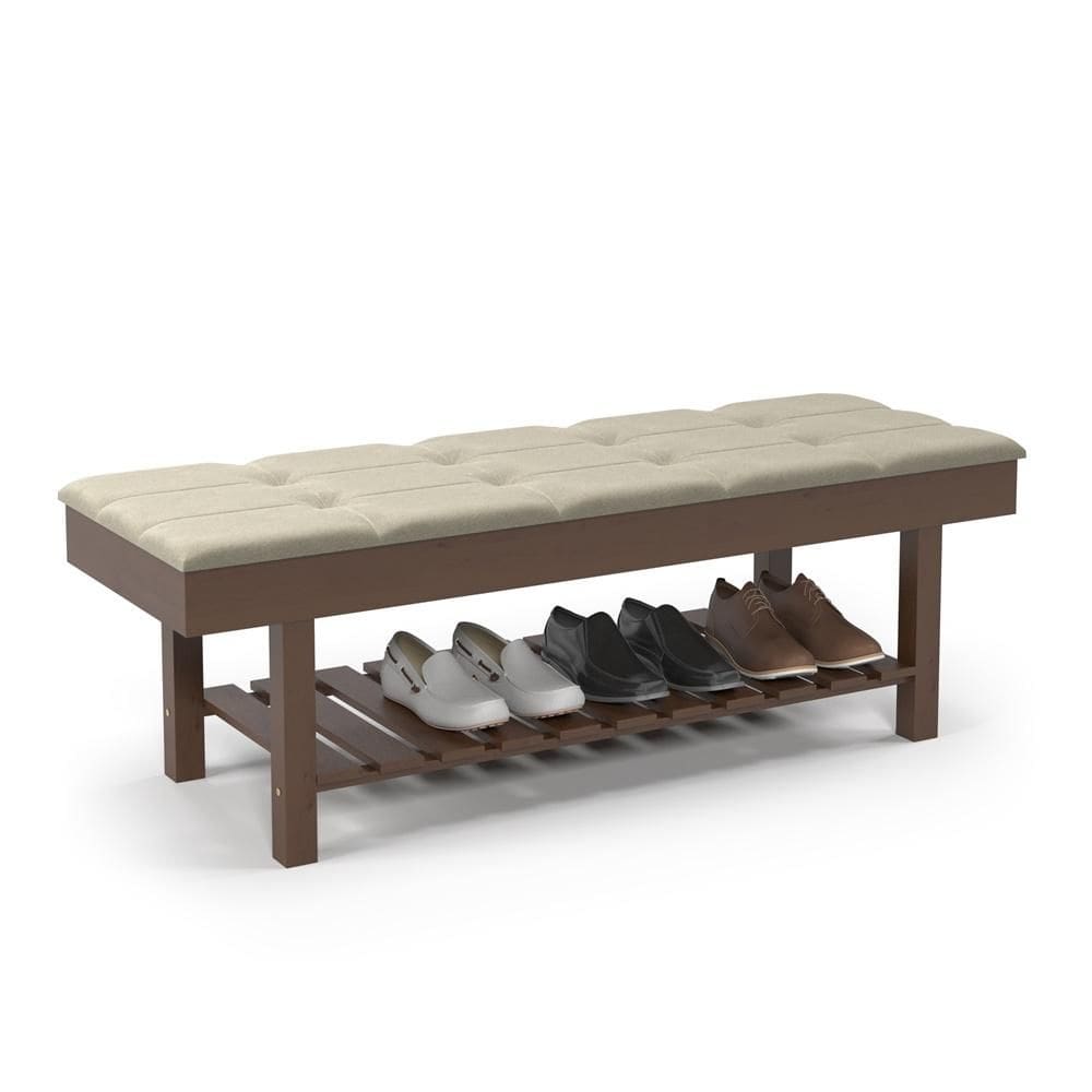 Banco Em Madeira Almofadado Com Sapateira Bege Linho