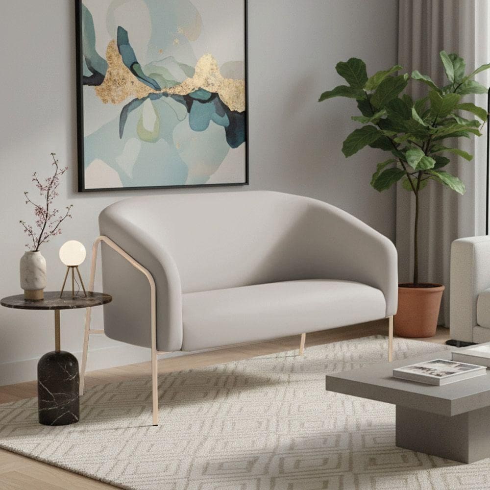 Sofá 2 Lugares Namoradeira Stella Base Industrial Alta Dourada Veludo Cinza D03 - D`rossi