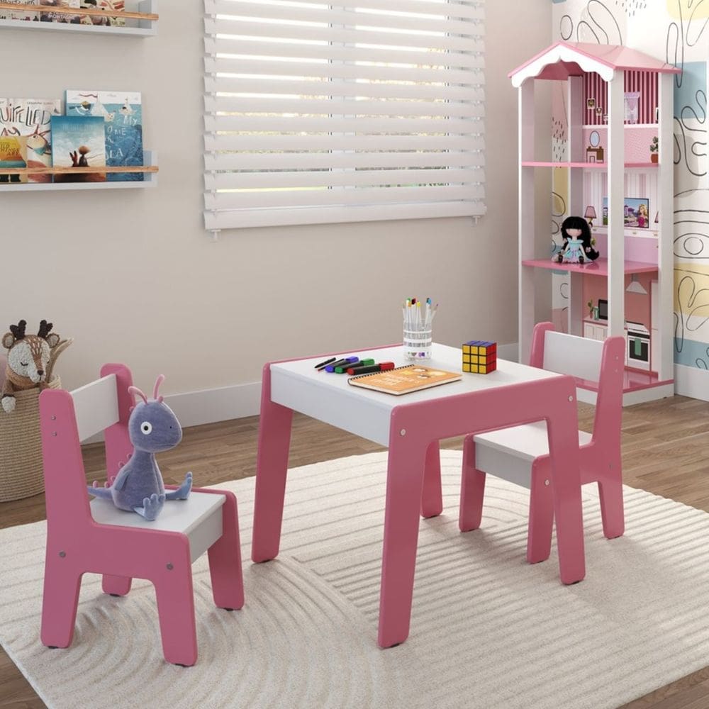 Conjunto De Mesa Infantil Com 2 Cadeiras Diana Branco Rosa