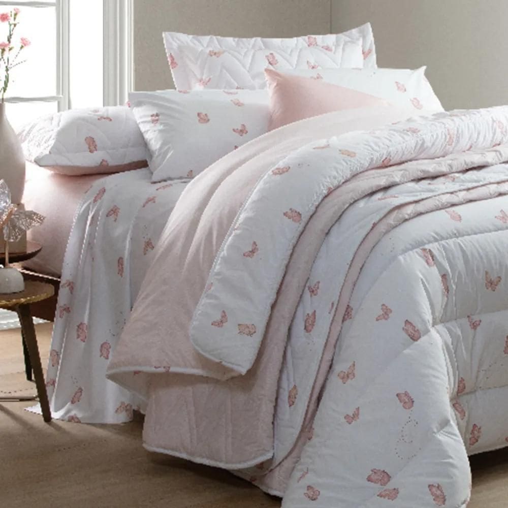 Kit Colcha / Cobre Leito Casal Sonhare Sultan Borboleta Rose