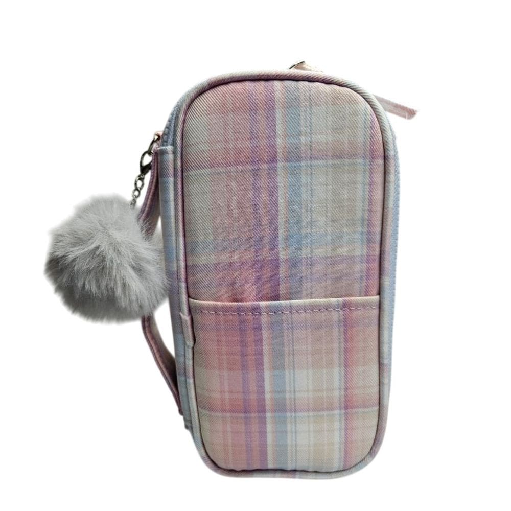 Estojo Box Grande Escolar Rosa Claro com Pompom Alça Organizador Fofo Colorido Material Lápis Cor