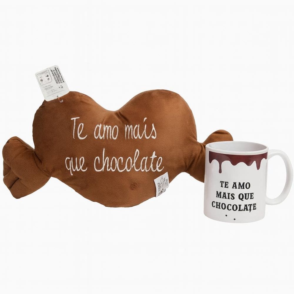 Almofada Coração De Pelúcia Chocolate Com Caneca