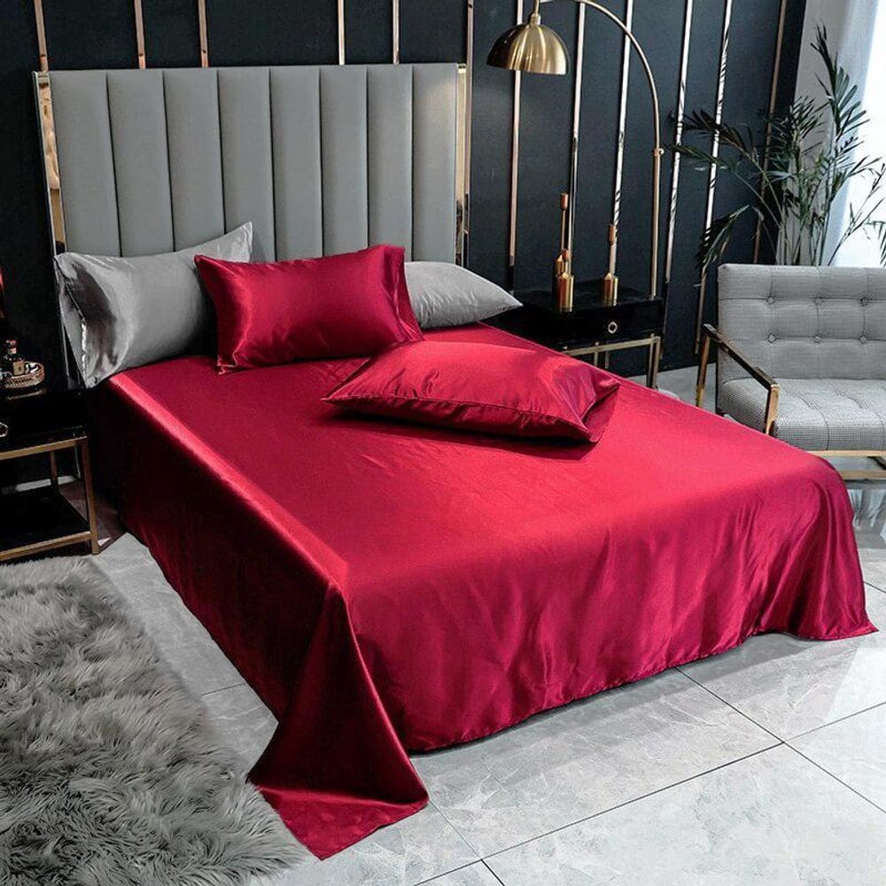 Lençol Superior Casal Padrão 2 Fronhas Cetim Seda Vermelho