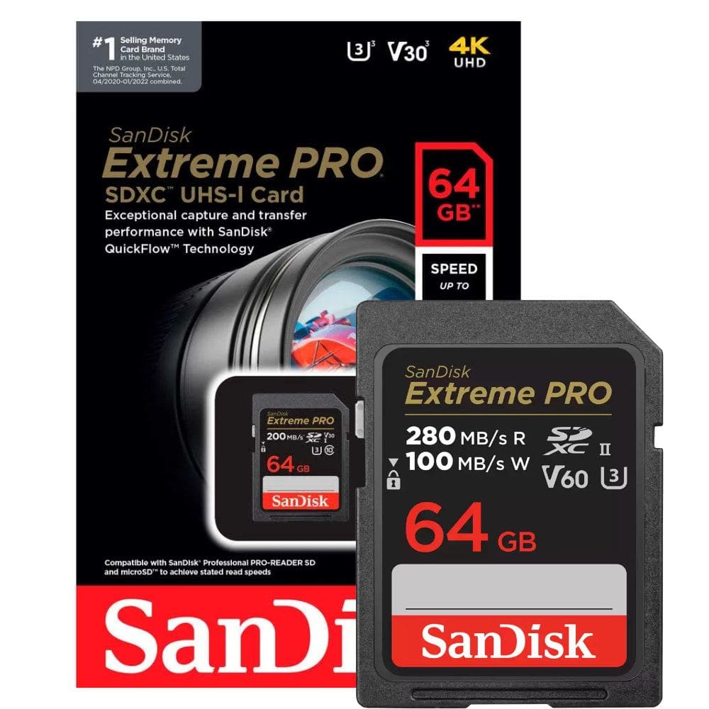 Cartão Memória SanDisk Extreme PRO 64GB SDXC UHS-I SDSDXXU-064G-GN4IN, Classe 10, U3, V30, 4K UHD, Cinza/Preto