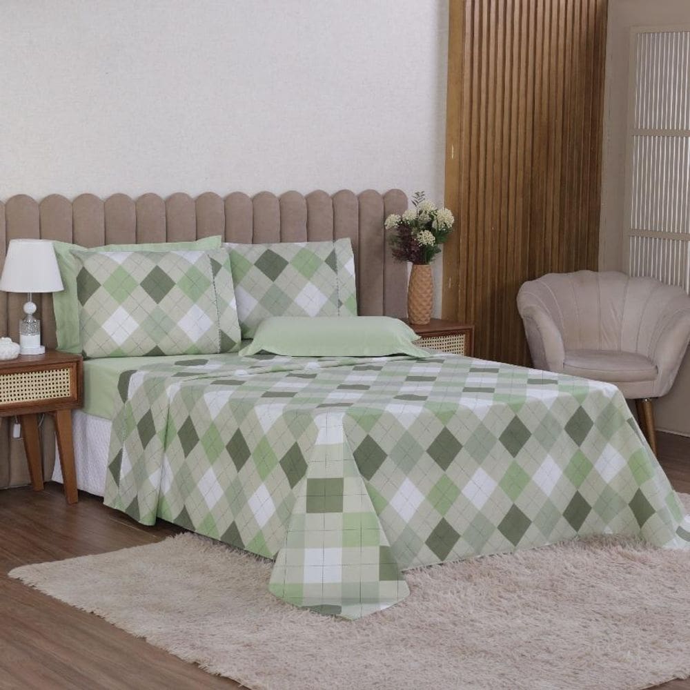 Jogo Cama Queen 4P Lençol + Fronha Esmeralda Percal 100%