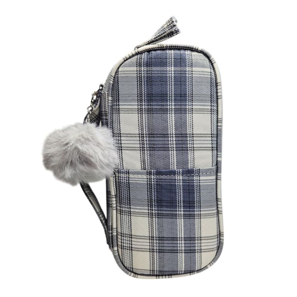 Estojo Box Grande Escolar Azul Escuro com Pompom Organizador Colorido Lápis Alça Caneta Aula Aluno