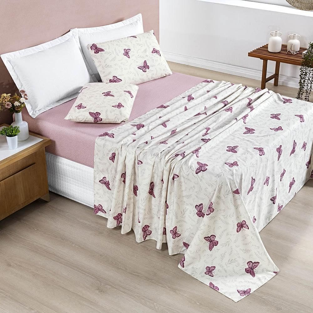 Jogo Lençol Celi King Micropercal 200 Fios Borboletas Rosê