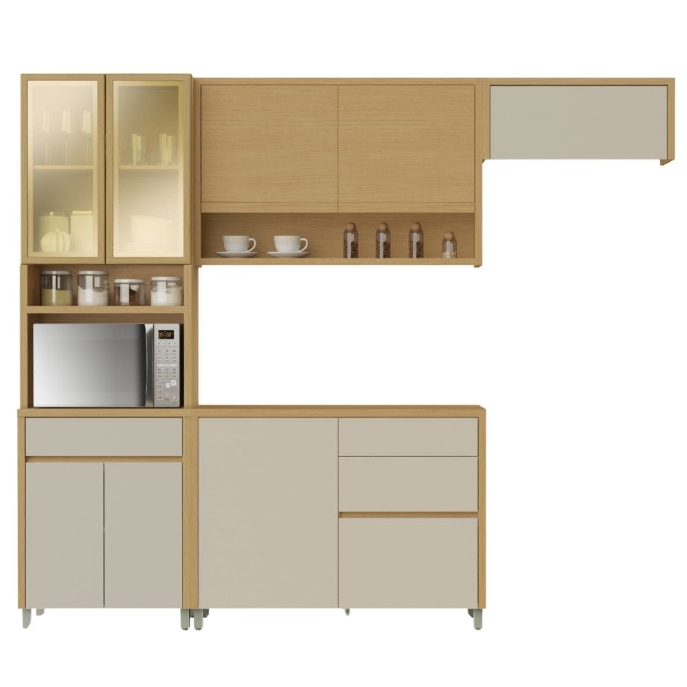 Armário De Cozinha Completa 100% MDF 8 Portas 4 Gavetas Cléo Madeirado/Off White Nesher