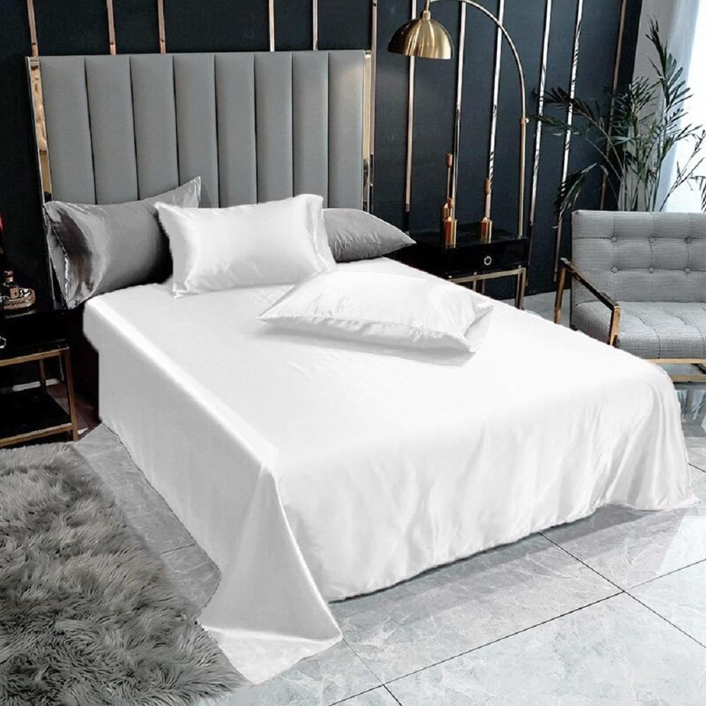 Lençol Superior Casal King Com 2 Fronhas Cetim Seda Branco