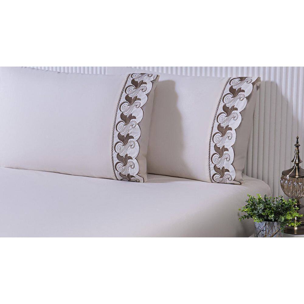 Lençol Casal King 198X193X40 4Pç Bordado Tulipa Cáqui200Fio