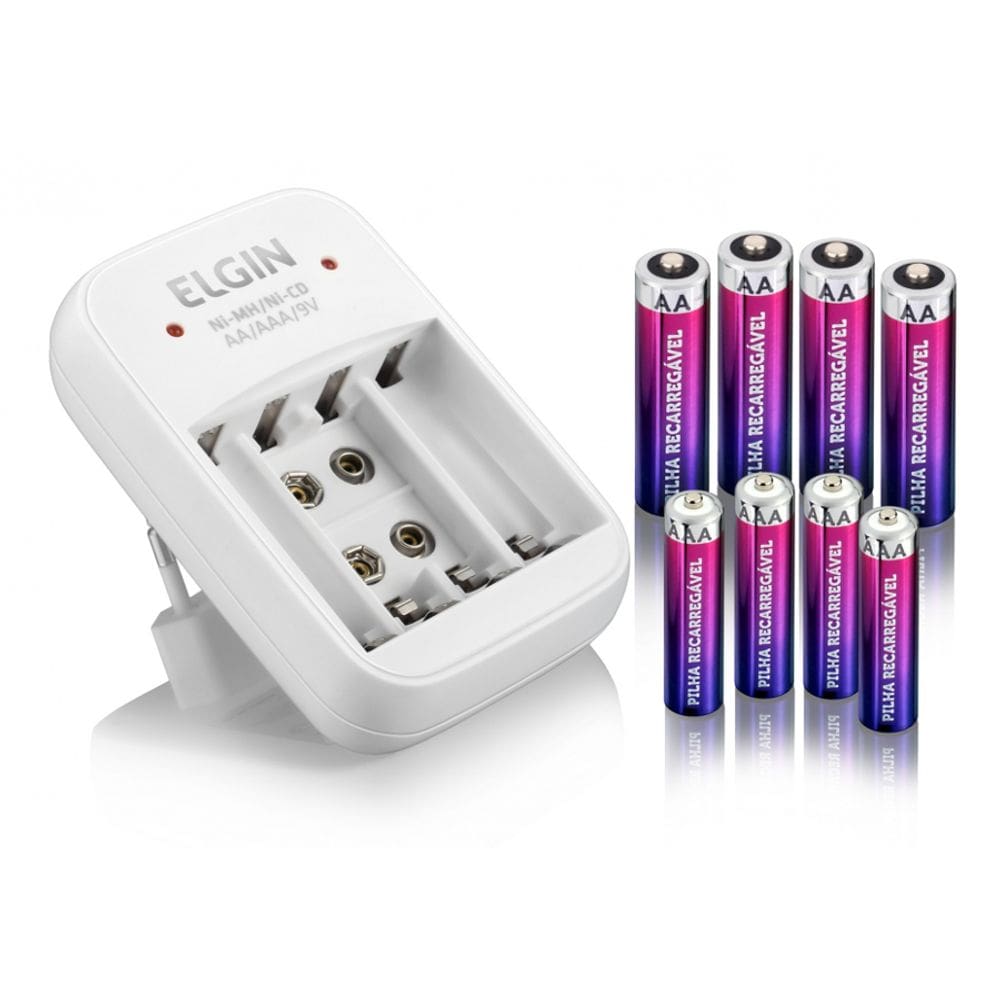 Carregador De Pilhas E Baterias 9v Elgin + 4 Pilhas Aa e 4 Aaa