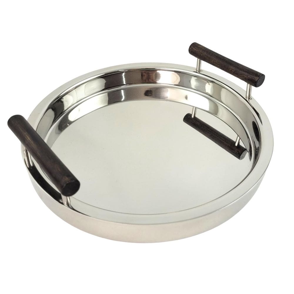Bandeja Decorativa Inox Prata Com Alça Madeira 32Cm