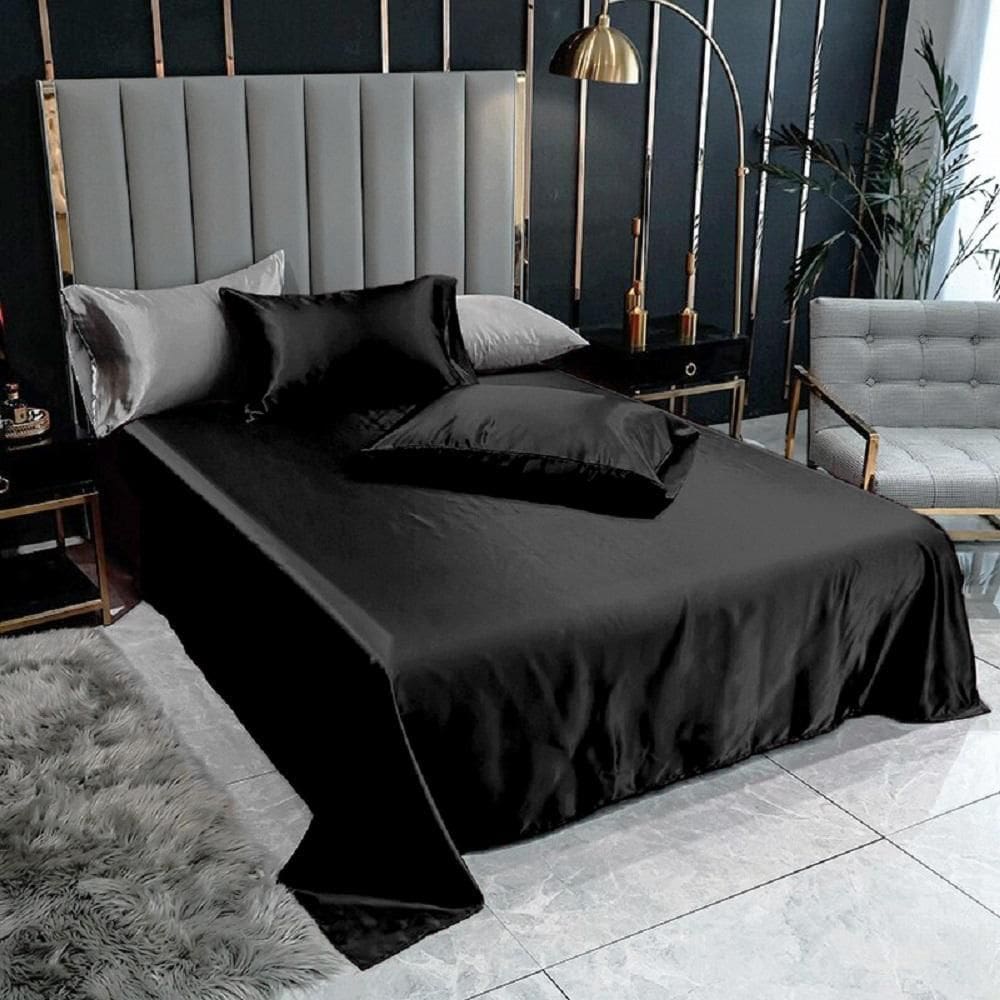 Lençol Superior Casal King Com 2 Fronhas Cetim Seda Preto