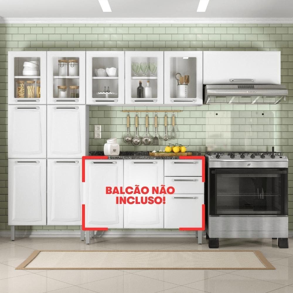 Cozinha Completa Tarsila 280cm Em Aço Branca Com Vidro