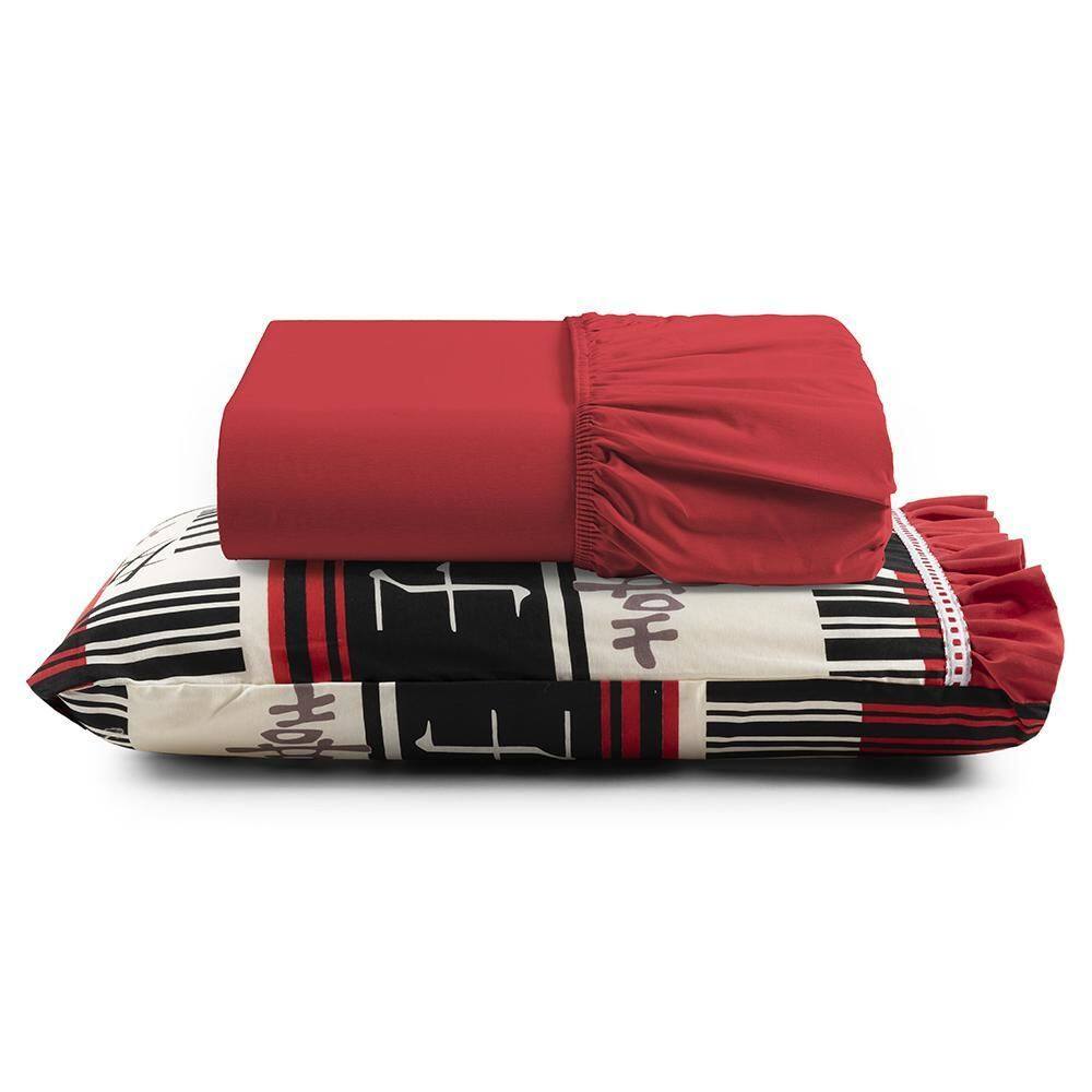 Jogo Lençol Solteiro Algodão Babadinho Vermelho Oriental